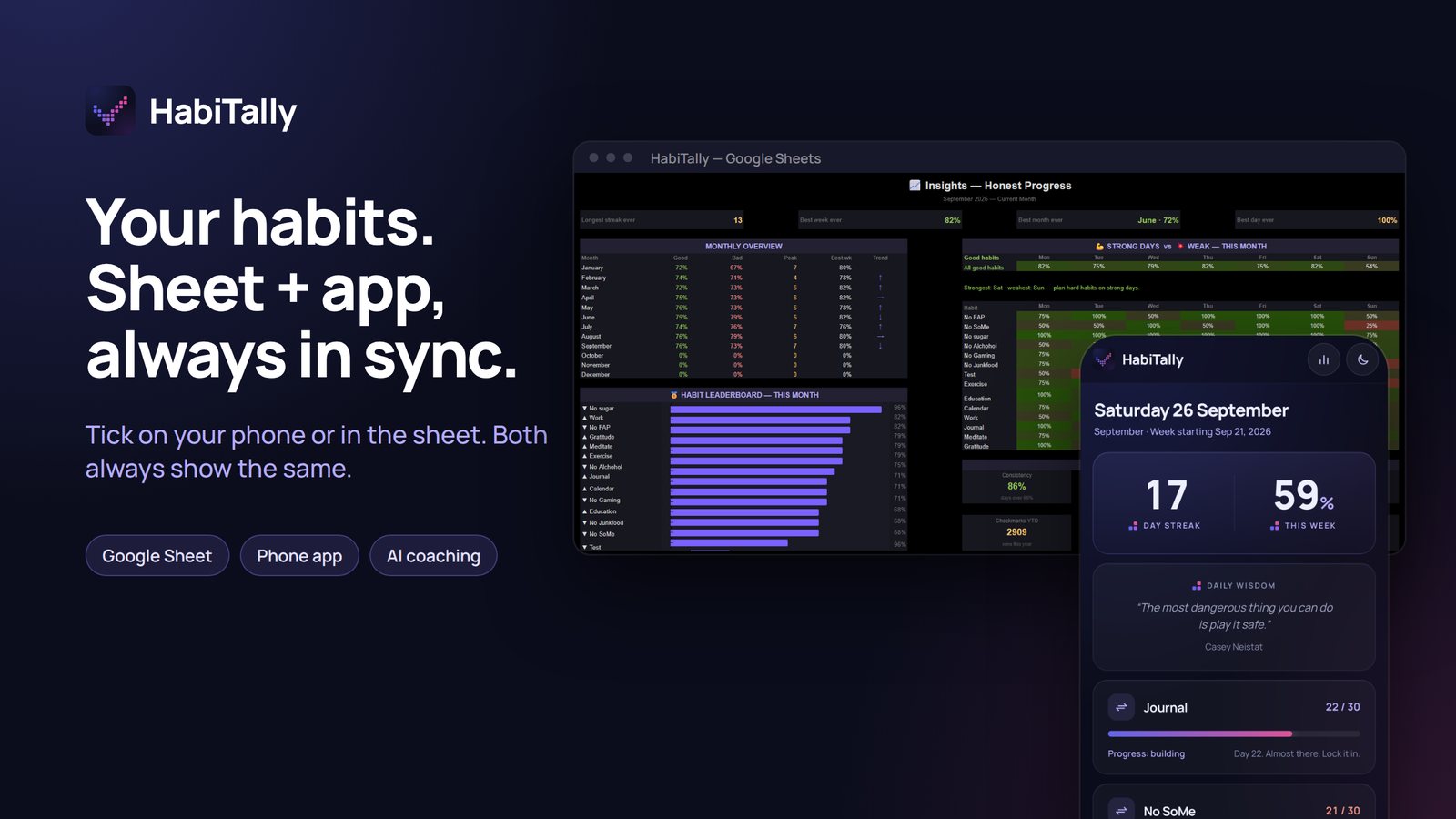 HabiTally sheet and app side by side: your habits, sheet and app, always in sync