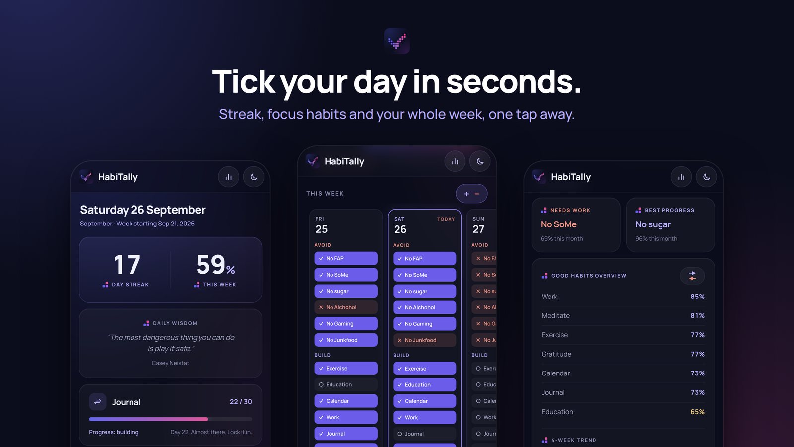 The app's home screen and week view: tick your day in seconds