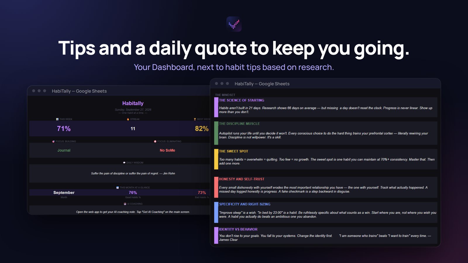 The sheet's Dashboard with a daily quote, next to the habit tips