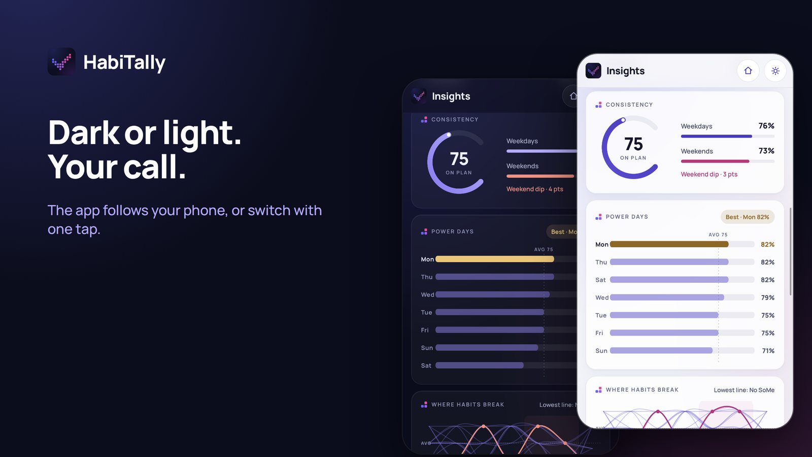 The app in dark and light mode